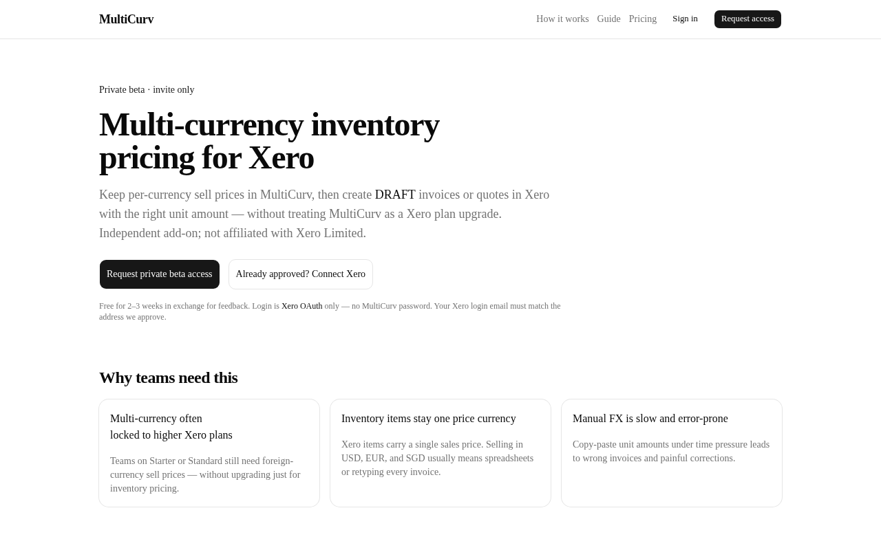 MultiCurv landing page with Request private beta access and Connect Xero buttons