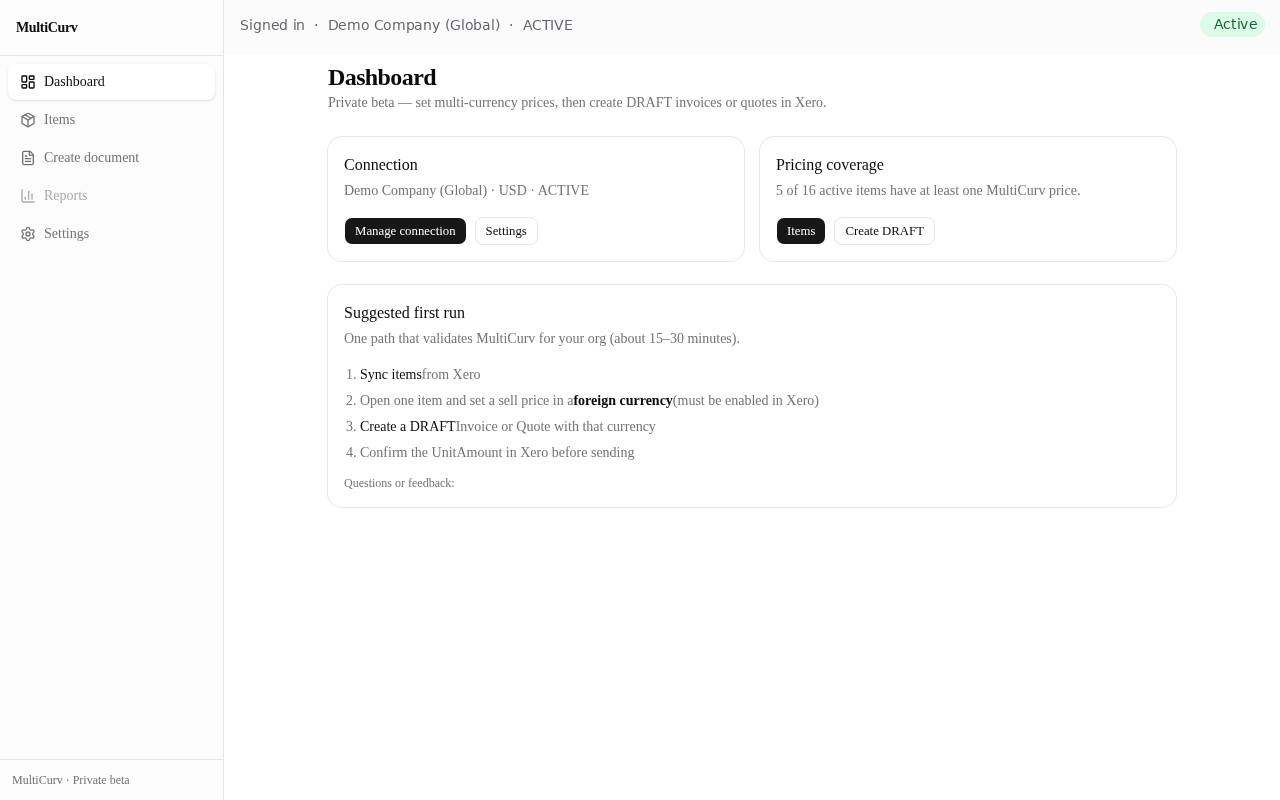 MultiCurv app dashboard showing connected Demo Company organisation