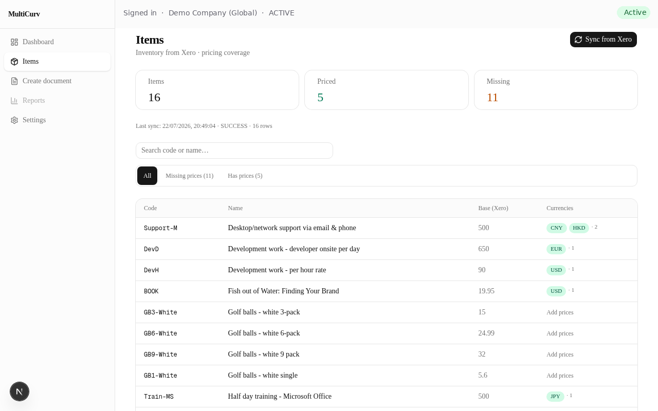 Items list with Sync from Xero button and pricing coverage summary