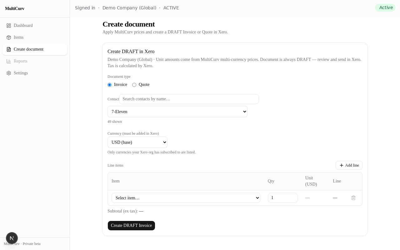 Create document form for DRAFT Invoice with contact and currency fields